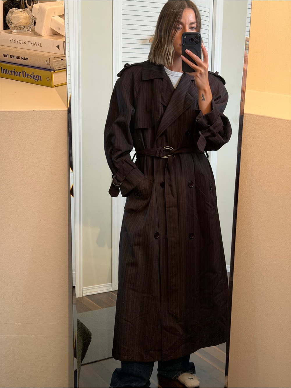 Hilary Radley Dark Brown Pinstripe Trench Coat